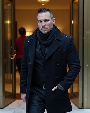 AI-generated portrait of Jeff Barnes in a black coat in a snowy doorway